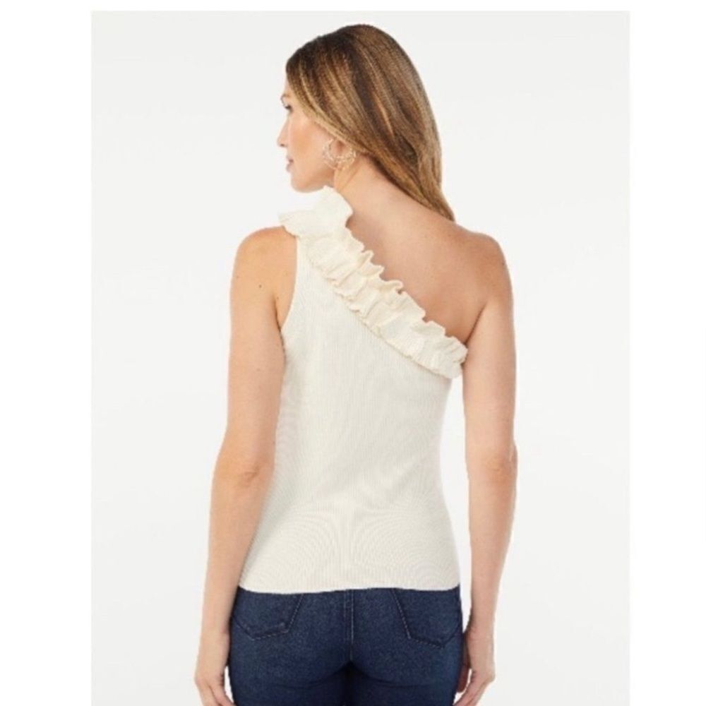 sofia by sofia vergara Cream One-Shoulder Ruffle Ribbed Tank - Picture 8 of 9